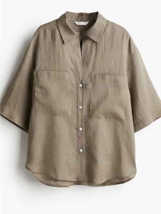 H&M Tops - H&M Relaxed Button-Front 100% Linen Shirt in Taupe
